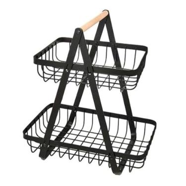 Imagem de Cesta Organizadora Dupla Pequena de Ferro e Madeira – Fruteira, Porta Objetos, Decorativa – 2 Andares – Compacta para Cozinha, Sala ou Escritório - Cesto Duplo - Organizador dois andares