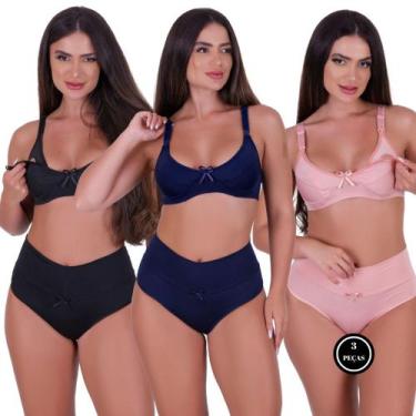 Imagem de Kit 3 Conjunto de Pós Parto Sutiã Amamentação e Calcinha Cós Alto - C1