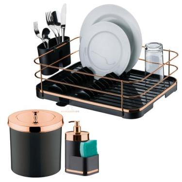 Imagem de Kit Cozinha 3 Peças Escorredor Louça Talheres Lixeira 5L Dispenser Det