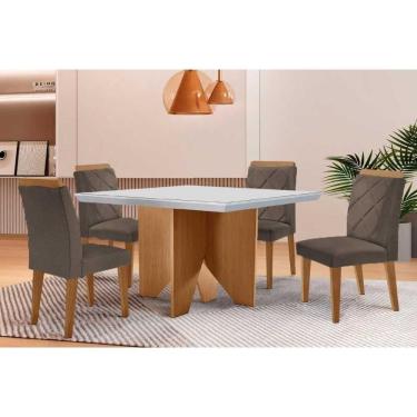 Imagem de Conjunto: Mesa Sala Jantar Nevada c/ Tampo Madeirado c/ Vidro Canto Curvo 90x90cm e 4 Cadeiras Pietá Naturale/Off White - Linho Capuccino - Rufato