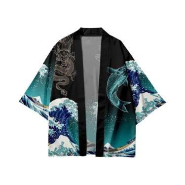 Imagem de Kimono Cardigã Tradicional Japonês Com Padrão De Carpa Verde Para Home