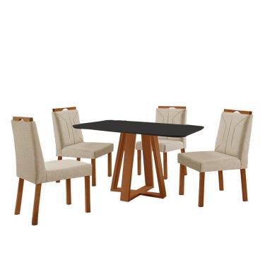 Imagem de Conjunto Sala De Jantar Mesa Floripa 120x80cm Preto Com 4 Cadeiras Luna Linho Bege