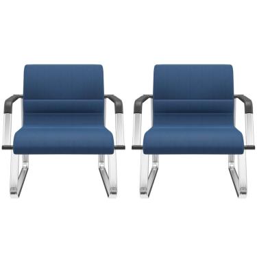 Imagem de Kit 02 Cadeiras de Escritório Recepção Fixa Pés Cromado Lev P03 Crepe Azul - Lyam Decor
