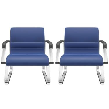 Imagem de Kit 02 Cadeiras de Escritório Recepção Fixa Pés Cromado Lev P03 Vinil Azul - Lyam Decor