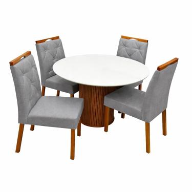 Imagem de Mesa de Jantar Dara 110cm Redonda com Vidro e 4 Cadeiras Jasmim em Linho Estofadas Lj Móveis Cor Cinamomo Off White com Tecido Cinza
