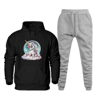 Imagem de Conjunto de Moletom Canguru Plus Size Feminino Blusa Estampa Unicornio Com Calça Jogger Basica-Feminino
