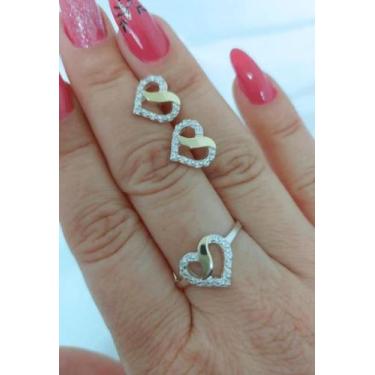 Imagem de Kit Anel E Brinco Coração Em Prata 925 Apliques de Ouro 14 K E Zircôni