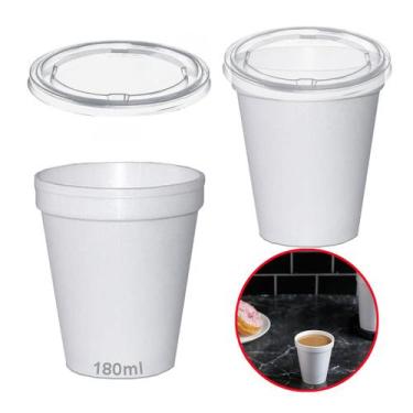 Imagem de 100 Copos Térmico Isopor 180ml C/ Tampa Plástica Cor Branco - Ultra co