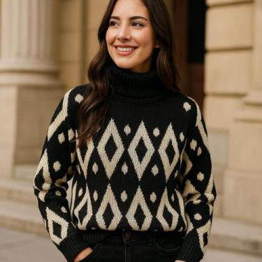 Imagem de Blusa Feminina Tricot Manga Longa Gola Alta Estampa Geométrica - Vitri