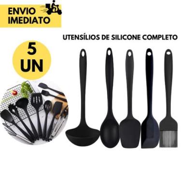 Imagem de Kit 5 Conjunto de Silicone Preto p/ Cozinha vai ao Fogo não Risca Pane