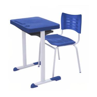 Imagem de Kit Escolar Individual AZUL  (Mesa e Cadeira)  ADULTO  TAMPO PLÁSTICO 