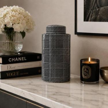 Imagem de Potiche Vaso Pote Decorativo de Porcelana Xadrez Tampa 25cm - Btc