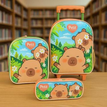 Imagem de Kit Mochila com Rodas + Lancheira + Estojo Infantil Capivara - Petit O