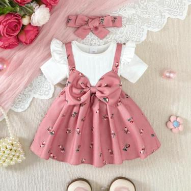 Imagem de Vestido Floral De Verão Para Bebês Meninas Com Laço Grande E Conjunto 