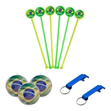 Imagem de Kit Copa do Mundo 20 Esferas Brasil 7cm + 20 Mexedor Drink + 10 Abrido
