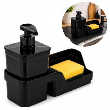 Imagem de Conjunto Porta Detergente com Suporte Flat Dispenser 500ml Polipropileno Design Moderno Organizador para Pia Cozinha