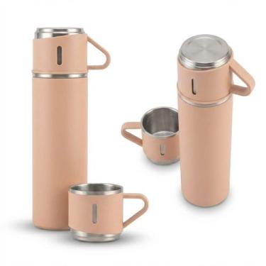 Imagem de Kit Garrafa Térmica com 3 Xícaras Rosa Conjunto para Café e Chá Utilid