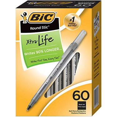 Imagem de BIC Caneta esferográfica BICGSM609BKBN Round Stic Xtra Life, ponta média, preta, 60 por pacote, 2 pacotes