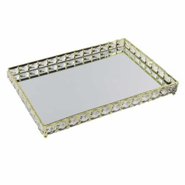 Imagem de Bandeja Decorativa Retangular Dourada Cristal com Espelho 35cm KV0247 BTC