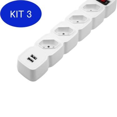 Imagem de Kit 3 Filtro Linha Protetor Eletronico Com 4 Tomadas E2 Usb