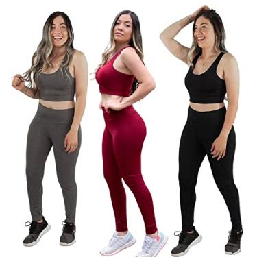 Imagem de Kit 3 Conjuntos Fitness Feminino Calça Legging e Top Nadador Roupas Femininas Para Academia Suplex (P 34/36, Multicolorido/Sortidos)