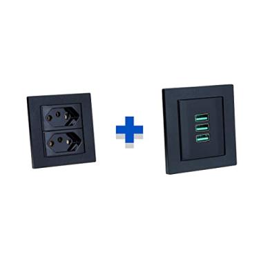 Imagem de Kit Espelhos de Tomadas Duplo Reto 2 Tom 10A 3 Usb 5.2A COR:PRETO