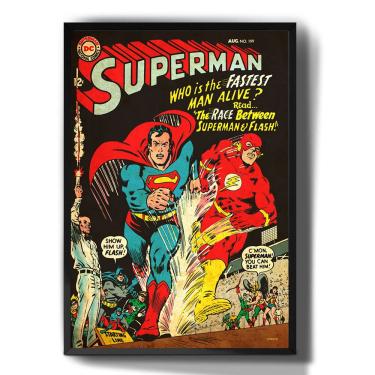 Imagem de Quadro decorativo Emoldurado Superman Vs Flash Vintage hq Race para sala quarto