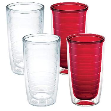Imagem de Tervis Copo de mesa transparente e colorido feito nos EUA, copo de viagem isolado de parede dupla mantém as bebidas frias e quentes, 473 ml - pacote com 4, transparente e vermelho