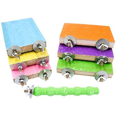 Imagem de 7 peças de brinquedo de suporte de pássaro, suporte de papagaio de madeira, plataforma colorida, bastão de moagem de pata de areia, acessórios de gaiola, brinquedos de exercício para camundongos, periquitos, periquitos, periquitos, periquito, hamster, rato, rato Gerbil (7 peças)