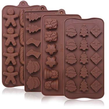 Imagem de Moldes para assar chocolate Natal, YuCool 4 pacotes pequenos moldes de silicone de Papai Noel para velas de goma doce, meias de boneco de neve, moldes de árvore de Natal