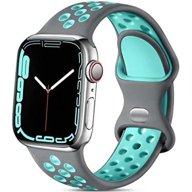 Imagem de Pulseira esportiva de silicone Lerobo compatível com Apple Watch 9, 8, 7, 6, 5, 4, 3, 2, 1, SE e Ultra 2 de 49 mm, 45 mm, 44 mm e 42 mm, macia e respirável, com orifícios, unissex, cinza/verde-azulada