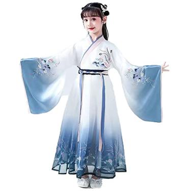 Imagem de Yajun Fantasias de cosplay Hanfu chinesas de chiffon bordado princesa clássica Tang terno 3-14 anos vestido retrô confortável de dança folclórica, azul, 1