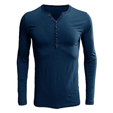 Imagem de NJNJGO Camiseta masculina casual slim fit Henley manga longa moda gola V camisetas, Azul, M