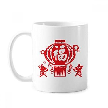 Imagem de Lanterna chinesa vermelha padrão de corte de papel caneca cerâmica xícara de porcelana café louça