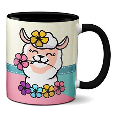 Imagem de Caneca Divertida Lhama Fofinha Com Flores Teu Cú (Preta)