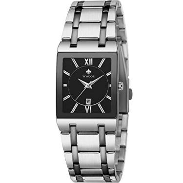 Imagem de WWOOR Relógios quadrados para homens e mulheres de aço inoxidável Mens Square Watch com data impermeável Analógico Quartz Fashion Business Casual Relógio de pulso (36H-Silver Black)