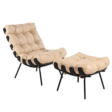 Imagem de Poltrona e Puff Decorativos Sala de Estar Costela Base Preta Couro Bege - Gran Belo