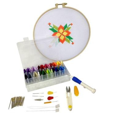 Imagem de Kit bordado iniciante ponto cruz com bastidores bambu para bordar manual meadas tecidos