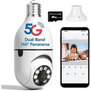Imagem de Câmera de segurança com lâmpada, câmera externa WiFi 1080P sem fio de 2,4 GHz/5 GHz, detecção de movimento panorâmica de 360° e alarme com áudio bidirecional com soquete E27, câmeras de vigilância doméstica com cartão SD de 64 GB (1PCS)