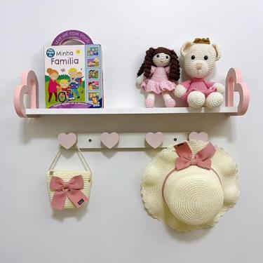 Imagem de Prateleira coração colorida 60cm e cabideiro quarto infantil Cor:Rosa