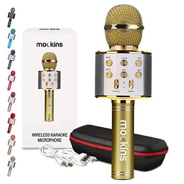 Imagem de Nevlers Microfone de karaokê Bluetooth dourado para crianças com microfone Bluetooth embutido sem fio | Microfone sem fio Karaokê compatível com iPhone e Android | Microfone de karaokê tudo em um