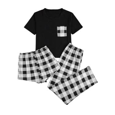 Imagem de OYOANGLE Conjunto de pijama feminino de 3 peças, conjunto de pijama, conjunto de pijama estampado, camiseta e shorts com calça, Xadrez preto e branco, G
