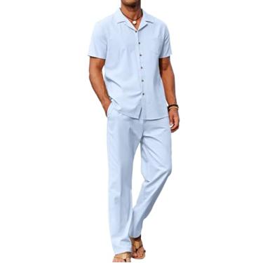 Imagem de COOFANDY Conjunto masculino de 2 peças de linho para praia, camisa de botão, casual, calça solta, Azul claro, P