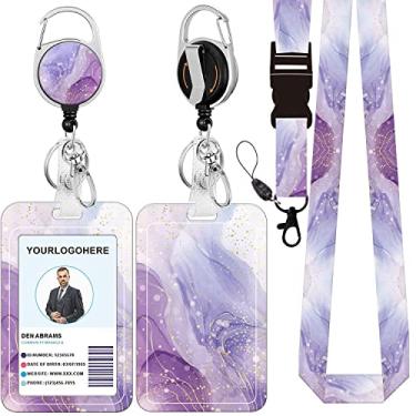 Imagem de Cordão de crachá e suporte de crachá de identificação, carretel retrátil com mosquetão para cinto de carretel, cordão de alça com fecho de lagosta para porta-crachás, presentes de escritório de professores de enfermagem (BLC-mármore roxo)