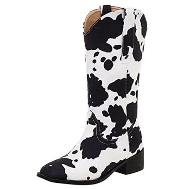 Imagem de Cozivwaiy Botas femininas de caubói cano médio salto grosso meia bota estampa de vaca botas ocidentais plus size (EUA 4-12,5), 32 preto, azul, 8.5