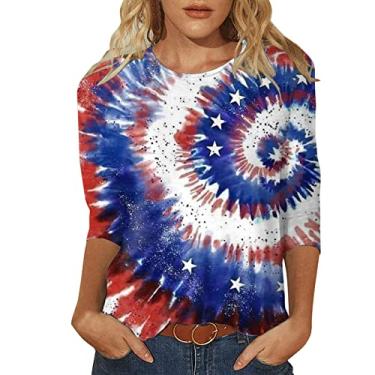 Imagem de Camisetas femininas 4th of July 4th of July Shirts Star Stripes 3/4 Sleeve Patriotic Tops Going Out Tops 2024, Vermelho - C, G
