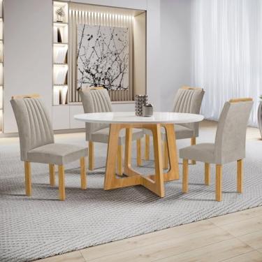 Imagem de Conjunto Mesa Arizona 120cm com 4 Cadeiras Arizona Tampo Redondo Plus com Vidro Cinamomo/Off White/Bege Claro