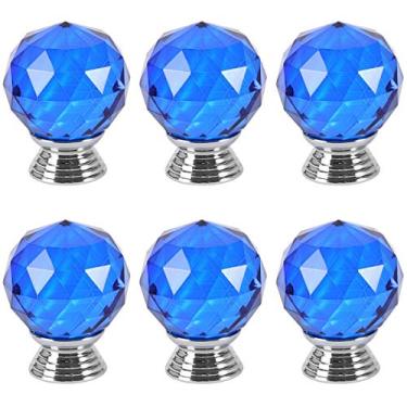 Imagem de 6 maçanetas de vidro de cristal puxadores de armário de gaveta de orifício único puxador de armário puxador de armário puxadores de móveis (forma de bola azul)