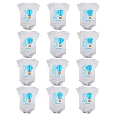 Imagem de Kit 12 Body Bebê Calupa Mesversario Manga Curta Balões 1 A 12 Meses Masculino-Masculino