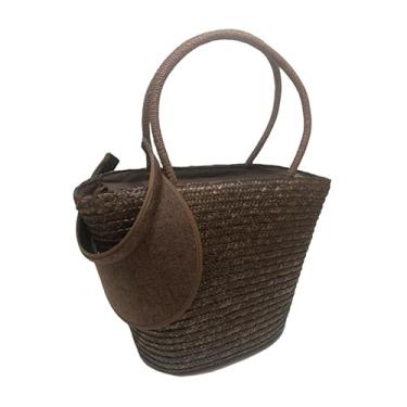 Imagem de Kit Bolsa Feminina Marrom e Viseira Viagem Palha Sacola Moda Bag Rattan Grande